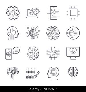 Artificial intelligence AI line icons. Robot intellect and cyborg chip mind signs. Innovation technology manufacturing and programming. Vector Stock Vector