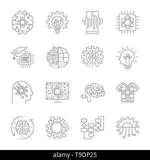 Modern flat editable vector line icons of future technology - neural network, AI, quantum technologies for graphic and web design. Stock Vector