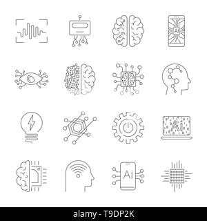 Future technologies icons. AI, quantum computing, robot, IoT, smart CPU and other. Editable Stroke. Stock Vector