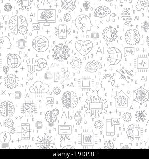 Machine learning and artificial intelligence concept. Robot and human graphic, gears, chip, processor, brain and other. Seamless Pattern Stock Vector