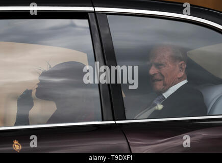 Britain's Queen Elizabeth II, left, and Prince Philip arrive for the wedding of Lady Gabriella Windsor and Thomas Kingston at St George's Chapel in Windsor Castle. Stock Photo