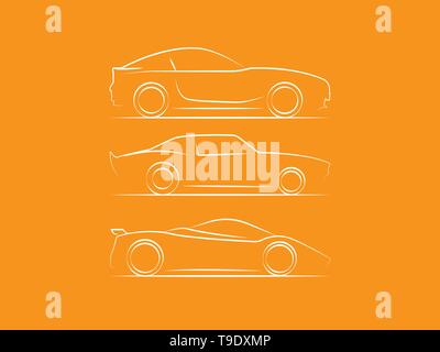 Sport cars side view line drawing on orange background. Stock Vector