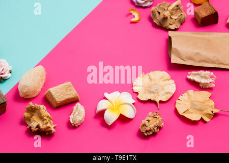Closeup of beautiful Spa items on a pink background with copy space for text , top view Stock Photo