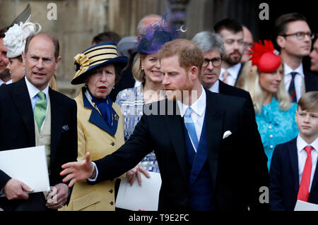 (right to left) Britain's Prince Harry, right, speaks to Anne, Princess Royal and Prince Edward leave following the wedding of Lady Gabriella Windsor and Thomas Kingston at St George's Chapel, Windsor Castle. Stock Photo