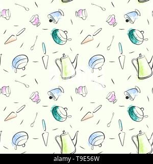 seamless pattern tea set vintage .on a blue background. graphic drawing, silhouette, watercolor colorful stains Stock Vector