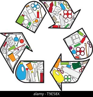 Recycling logo build up from plastic products isolated on white background Stock Vector