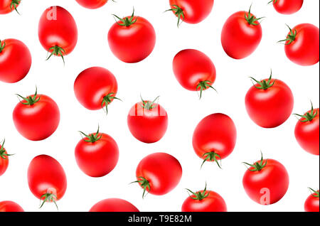 A lot of red ripe tomatos falling down on white background, isolate, close up Stock Photo