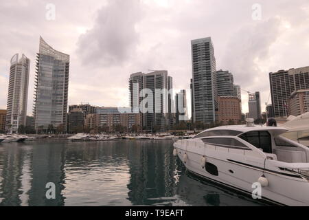 The skyline of the Zaitunay Bay marina in Beirut, Lebanon Stock Photo