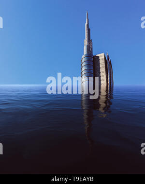 Digital manipulation of single flooded skyscraper with copy space. Stock Photo