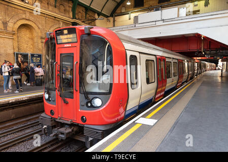 London, United Kingdom - May 12, 2019: London Underground station interior. The system serves 270 stations, 402 kilometers of track with operation history of 150 years . Stock Photo