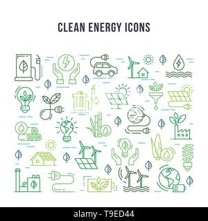 Set of linear icons on the theme of clean energy. Stock Vector