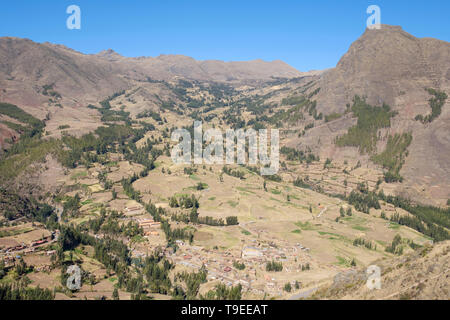 Inca Sacred Valley seen from Pisac archeological site in the Cusco Region, Peru Stock Photo