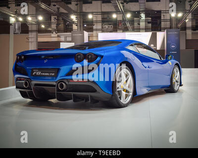 BARCELONA, SPAIN-MAY 11, 2019: Ferrari F8 Tributo at the 100 years of the Automobile Exhibition Stock Photo