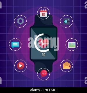 smartwatch technology with heartbeat and social app Stock Vector