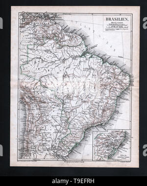 Brazil Map from Meyer's Lexicon, 1875 Stock Photo