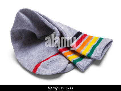 Two Grey Striped Socks Folded Over Isolated on White. Stock Photo