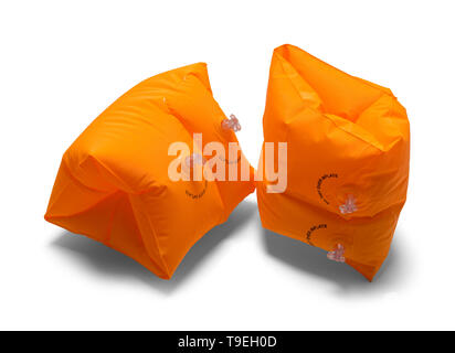 Two Orange Arm Swim Floats Isolated on White Background. Stock Photo