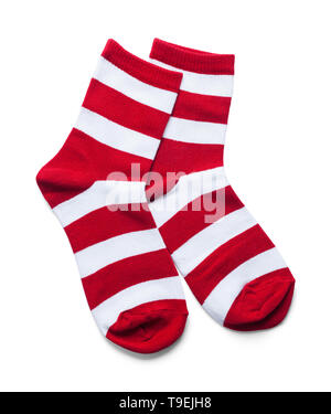 Two Red and White Striped Socks Isolated on White. Stock Photo