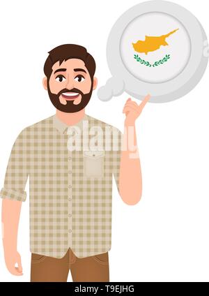 Happy bearded man talking or thinking about the country. Republic of Cyprus, European country icon, traveler or tourist. Vector illustration Stock Vector