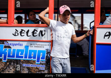 Public bus on Belen Maket in Iquitos, Peruvian Amazon, Maynas Province, Loreto Department, Peru Stock Photo