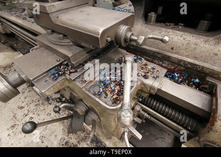 metal shaving on lathe machine Stock Photo