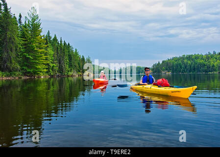 Kayaks on Blindfold Lake, Kenora DIstrict, Ontario, Canada Stock Photo