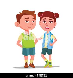 Characters Boy And Girl With Syndrome Down Vector. Physical Handicapped Children With Disease Syndrome Standing Together, Smiling And Hugging. Young D Stock Vector