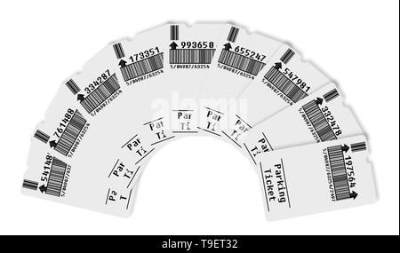 Ticket for parking area concept image - Bar code and code numbers are completely made up - concept image on white background for easy selection Stock Photo