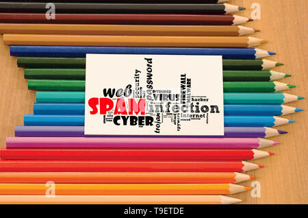 Spam word cloud collage over wooden background Stock Photo
