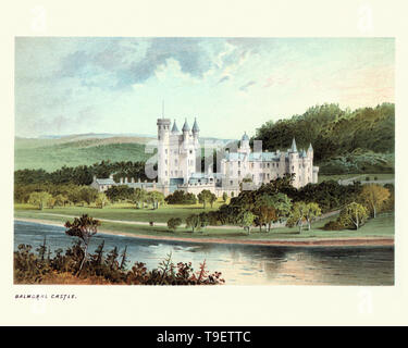 Vintage engraving of Balmoral Castle, Scotland, 19th Century. A large estate house in Royal Deeside, Aberdeenshire, Scotland, near the village of Crathie. Balmoral has been one of the residences of the British royal family since 1852, when the estate and its original castle were purchased privately by Prince Albert, the husband of Queen Victoria Stock Photo