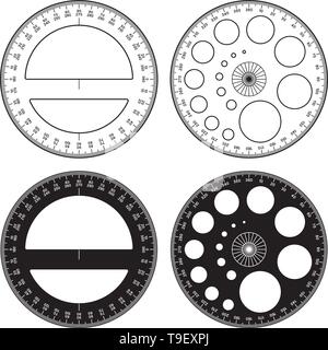 Circular protractor. Flat icons. Thin line and silhouette vector Stock Vector