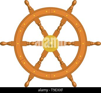 Wooden ship steering wheel with brass cap. 3D effect vector Stock Vector