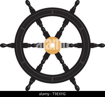 Black ship steering wheel with brass hub. 3D effect vector Stock Vector