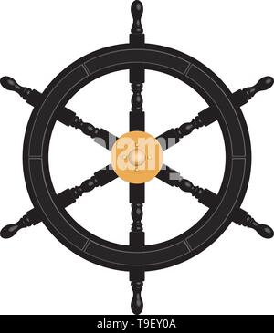 Black ship steering wheel with brass cap. 3D effect vector Stock Vector