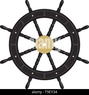 Black ship steering wheel. Brass hub. 3D effect. Vector illustration Stock Vector