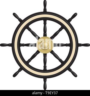 Black ship steering wheel. Brass cap. 3D effect. Vector illustration Stock Vector
