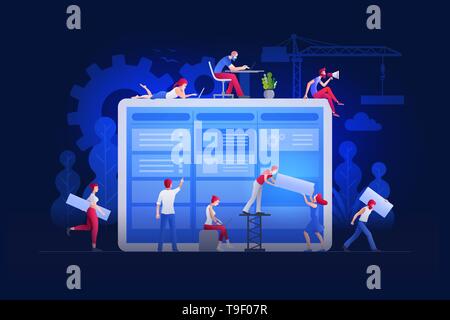 Vector illustration people are working together on large screen and building a new achievements. Business teamwork concept. People characters are work Stock Vector