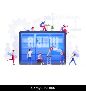 Vector illustration people are working together on large screen and building a new achievements. Business teamwork concept. People characters are work Stock Vector