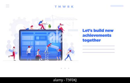 Web site page design template. Vector illustration people are working together on large screen and building a new achievements. Business teamwork conc Stock Vector