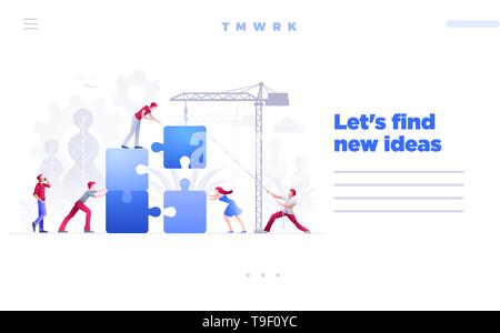Web site page design template. Vector illustration people are building a new achievements with jigsaw puzzle. Business teamwork concept. People charac Stock Vector