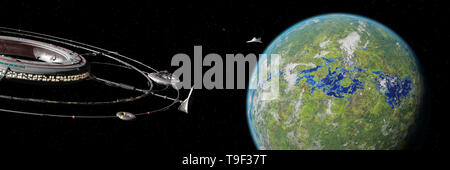 space station in orbit of planet an alien planet (3d science fiction background rendering banner) Stock Photo