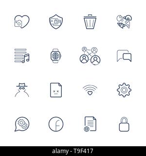 Outline vector icons for web and mobile. Editable Stroke. Icons set with different icons heart, bin, lock,gear, file, chat, music and other. Stock Vector