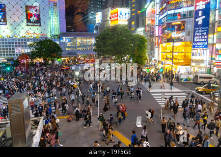 Shibuya Crossing is one of the busiest crosswalks in the world. Pedestrians crosswalk at Shibuya district. Tokyo, Japan Stock Photo