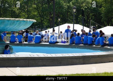 Philadelphia, PA, USA -  May, 18, 2019: Biden 2020 campaign volunteers gather ahead of an outdoor rally on the Benjamin Franklin Parkway in Philadelphia, Pennsylvania. Stock Photo