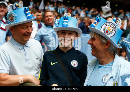 LONDON, UINTED KINGDOM. 18 May, 2019 Man City Fans during FA Cup Final match between Manchester City and Watford at Wembley stadium, London on 18 May 2019 Credit Action Foto Sport   FA Premier League and Football League images are subject to DataCo Licence EDITORIAL USE ONLY No use with unauthorised audio, video, data, fixture lists (outside the EU), club/league logos or 'live' services. Online in-match use limited to 45 images (+15 in extra time). No use to emulate moving images. No use in betting, games or single club/league/player publications/services. Credit: Action Foto Sport/Alamy Live  Stock Photo