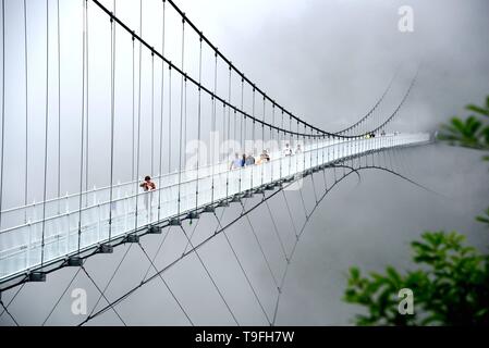 Beijing, China. 17th May, 2019. Photo taken on May 17, 2019 shows tourists walking on a glass bridge at Lingjiangyuan Forest Park of Pan'an County, east China's Zhejiang Province. Credit: Wang Huabin/Xinhua/Alamy Live News Stock Photo