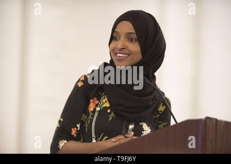 Texas, USA. 18th May, 2019. Congresswoman Ilhan Omar of Minnesota's 5th Congressional District speaks at Austin's annual city-wide iftar dinner in honor of the 14th day of Ramadan. Omar was joined by Mayor Steve Adler to call for peace and harmony in today's divisive climate. Credit: ZUMA Press, Inc./Alamy Live News Stock Photo