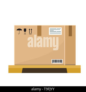 Empty Cardboard box on wooden pallet with flat and solid color style design. Stock Photo