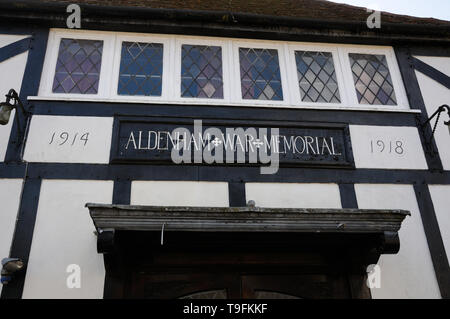 The Aldenham War Memorial Hall, Letchmore Heath, Hertfordshire.  It is inscribed with the dates 1914 and 1918. Stock Photo