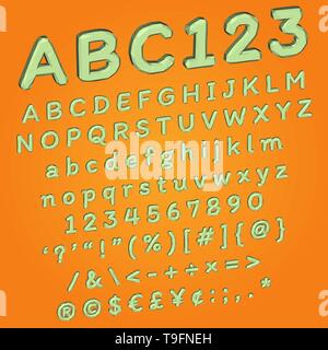 Polygonal green cartoon font in 3d perspective  looking like crystal text on orange background Stock Vector